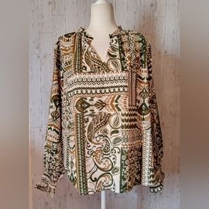Mascomoda Bohemian Print Blouse - Green and Brown Women's Size XL